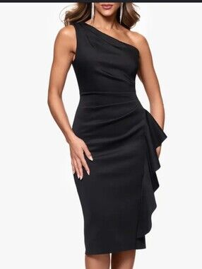Xscape NWT Black One Shoulder Ruched Cocktail Dress Plus Size 16P $209